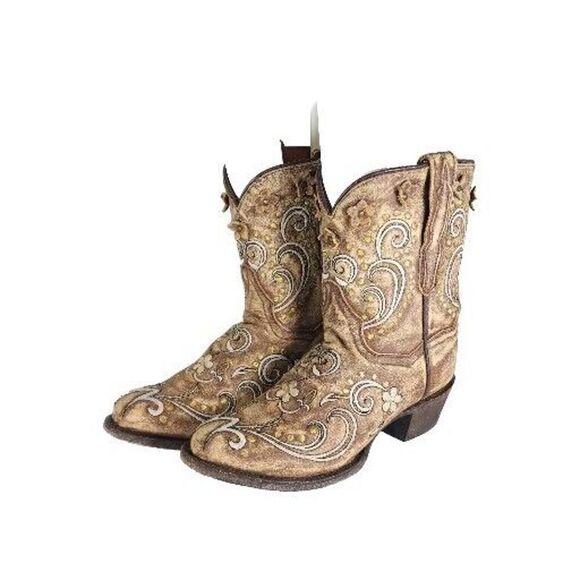 Dan Post Women’s US 6M Tan Leather Distressed Floral Embroidered Western Boots - Picture 1 of 13